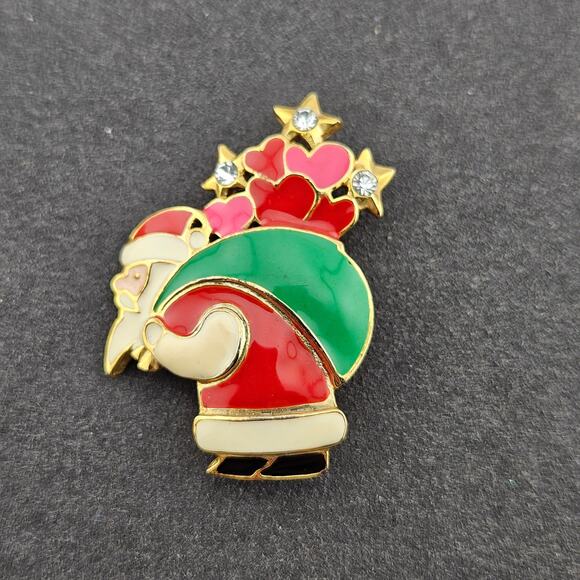 Santa Clause Christmas Brooch Pin Red Green Toy Bag Stars Holiday Festive Party - Picture 1 of 3